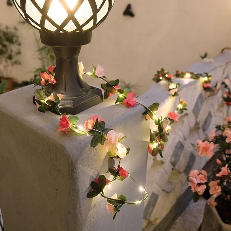 Valentines 2m 20LED Artificial Rose Vine Fairy Lights, Battery Powered Hanging Flower Garland for Anniversary Wedding and Party Decorations