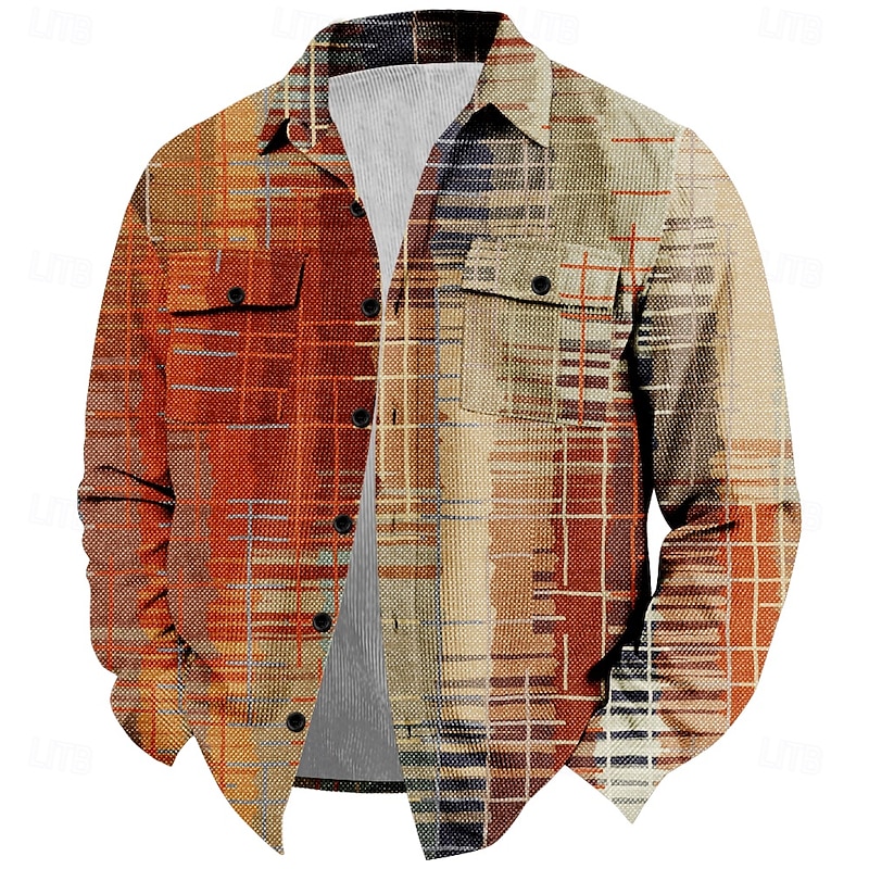 Men's Plaid / Check Geometric Pattern Corduroy Shirt Shirt Jacket Overshirt Long Sleeve Vintage Casual Outdoor Dailywear Fall & Winter Turndown Collared Shirts Buttons 3D Print 2 Pockets 1pc Orange