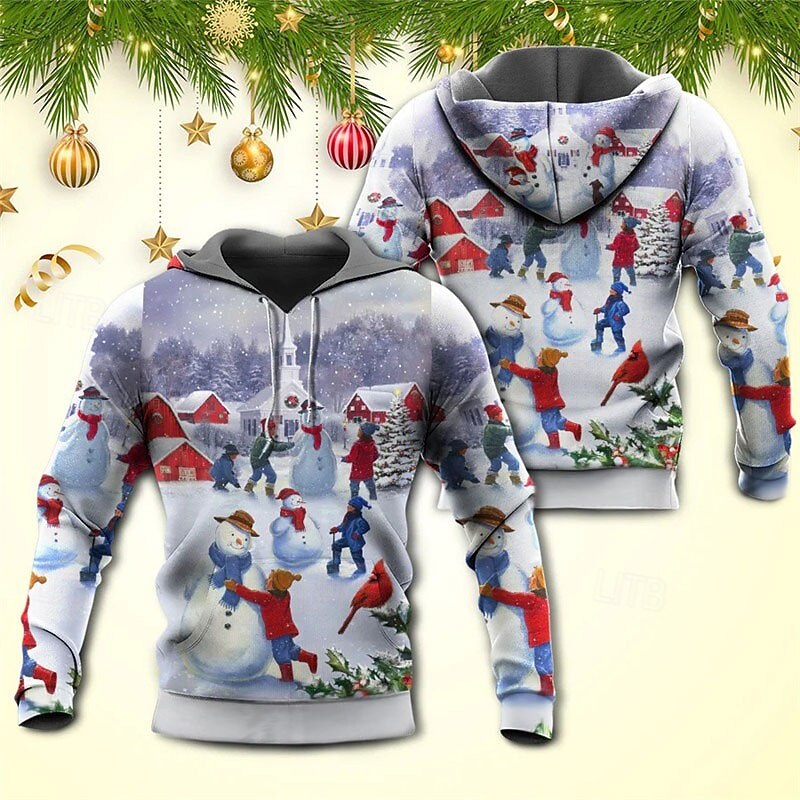 Christmas Men's Christmas Scene 3D Hoodies Graphic Pullover Blue Light Hooded Santa Claus Prints Ugly Cotton4