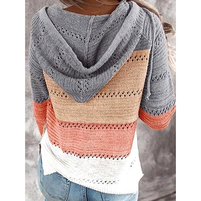 Women's Sweater Pullover Sweater Jumper Casual Soft Striped Ribbed Hooded Knitted Long Sleeve Regular Tops Knit Outdoor Daily Weekend Pink Wine Fall Winter 6