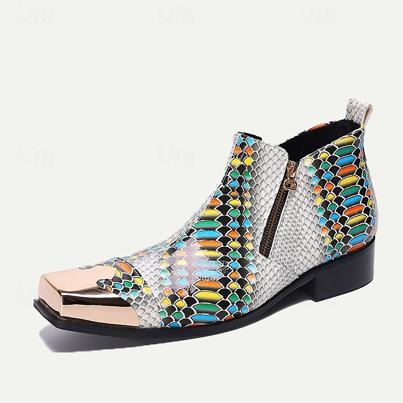 Men's Exotic Snake Print Leather Ankle Boots– Premium Cowhide, Multicolored Fashion Statement with Gold Tip Gold-Tipped Toes and Side Zipper Closure2