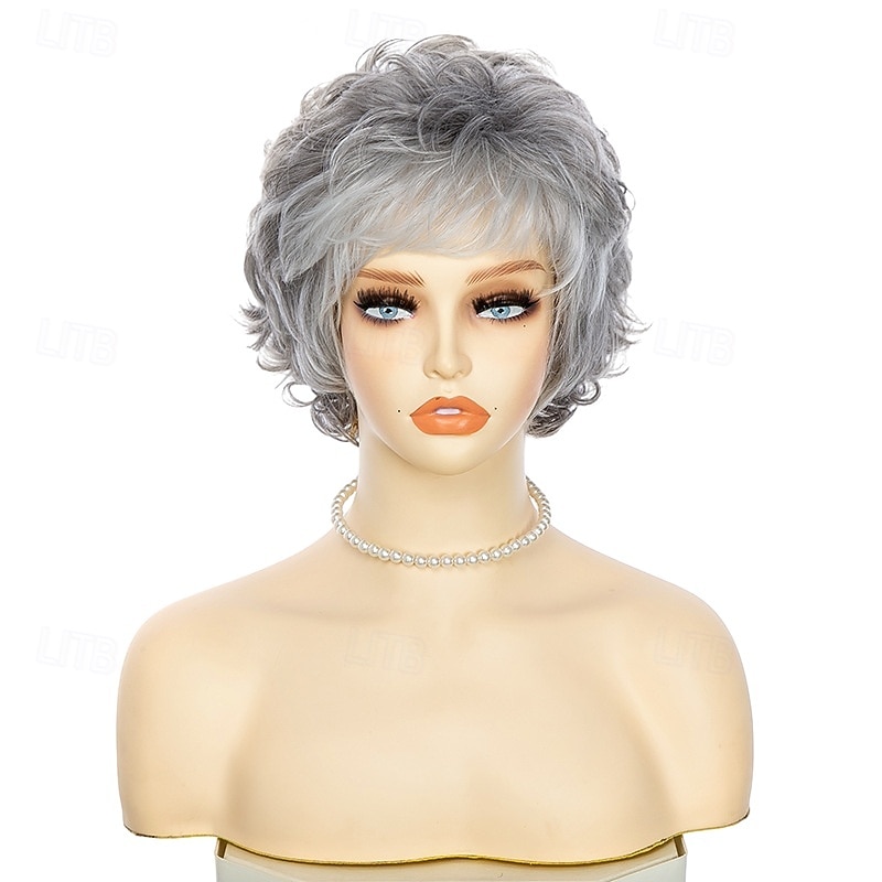 Short Curly Silver Gray Wigs for White Women Heat Resistant Natural Synthetic Hair Old Ladies Daily Cosplay Full Wigs