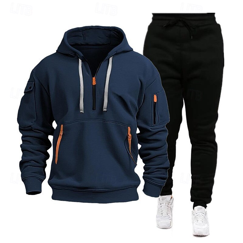 Men's Hoodie Tracksuit Sweatsuit Quarter Zip Hoodie Black Navy Blue Khaki Light Grey Hooded Half Zip Plain Pocket 2 Piece Sports & Outdoor Daily Holiday Polyester Streetwear Basic Casual Spring - Main Image