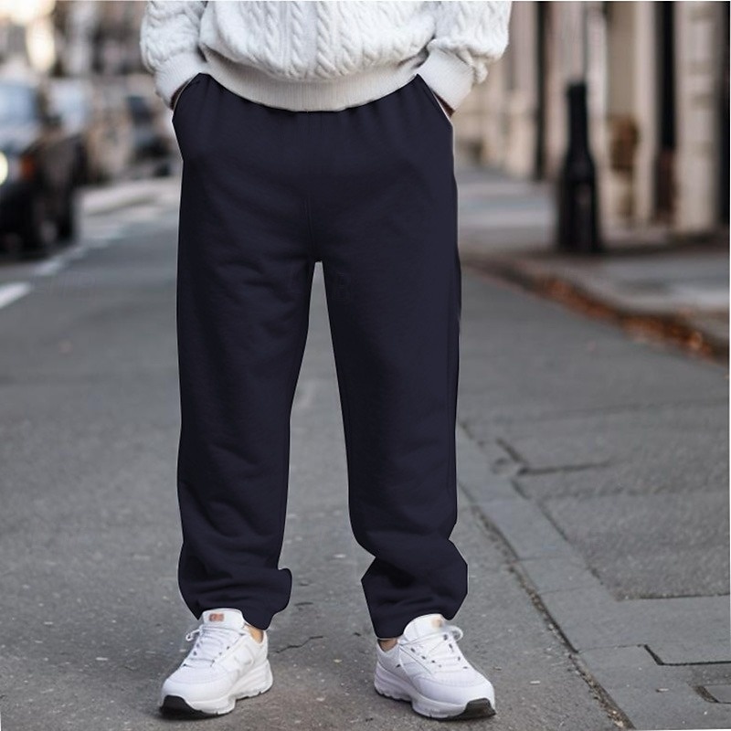 Men's Sweatpants Fleece Pants Joggers Trousers Straight Leg Sweatpants Elastic Waist Straight Leg Solid Color Plain Breathable Full Length Sports Outdoor Casual / Sporty Athleisure Black Navy Blue3