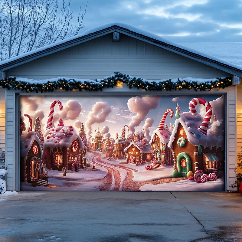 Christmas Door Decorations Outdoor Garage Door Cover Xmas Candy Canes Banner Farmhouse Large Christmas Backdrop for Holiday Outdoor Garage Door Home Wall Decorations