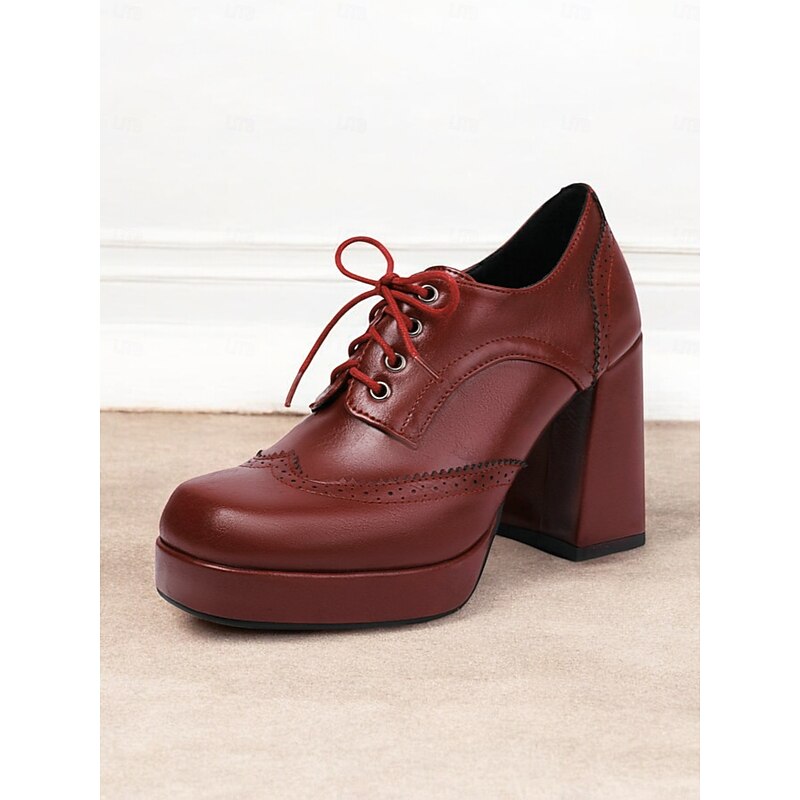 Women's Vintage Oxford Platform Heels with Lace-Up Design – Chunky Block Heel in Rich Brown Faux Leather for Retro and Formal Looks4