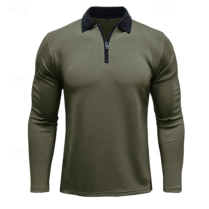 Men's Polo Shirt Quarter Zip Polo Street Vacation Quarter Zip Long Sleeve Fashion Basic Solid Color Pocket Spring &  Fall Regular Fit Black White Burgundy Navy Blue Khaki Army Green Polo Shirt3