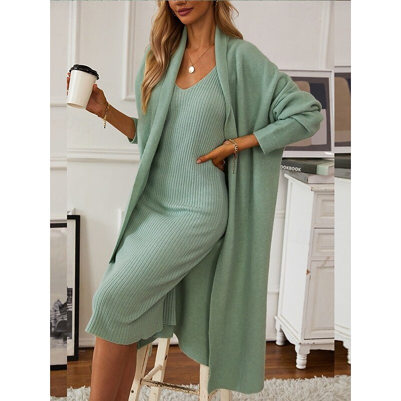 Women's Sweater Dress Sweater Co-ords Sweater Set Casual Soft Pure Color Ribbed Strap Knitted Long Sleeve Long Tops Knit Outdoor Daily Weekend Green Khaki Fall Winter