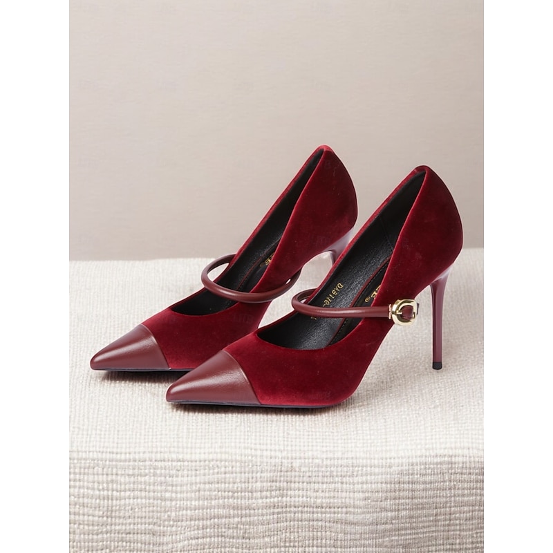 Women's Burgundy Velvet Pointed Toe Stiletto Heels – Elegant High Heels with Gold Buckle for Formal and Evening Wear4