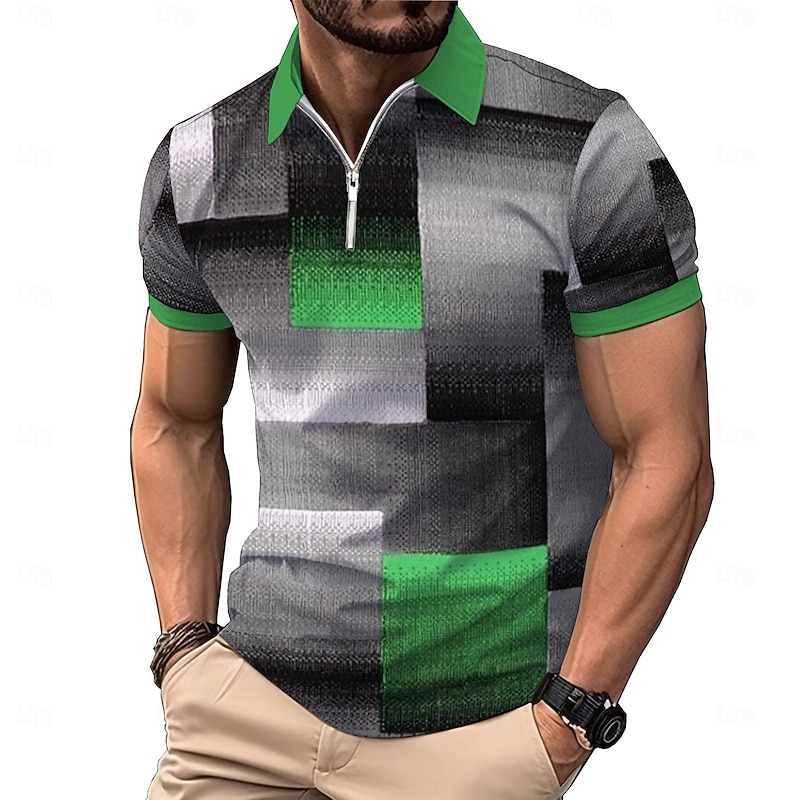 Men's Plaid Zip Polo Shirts Golf Shirt Short Sleeve Polo Shirts Collared Shirts Vintage Casual Vacation Wear Formal Wear Festival Wear 3D Print Quarter Zip Polo Summer Spring Black Red Blue4