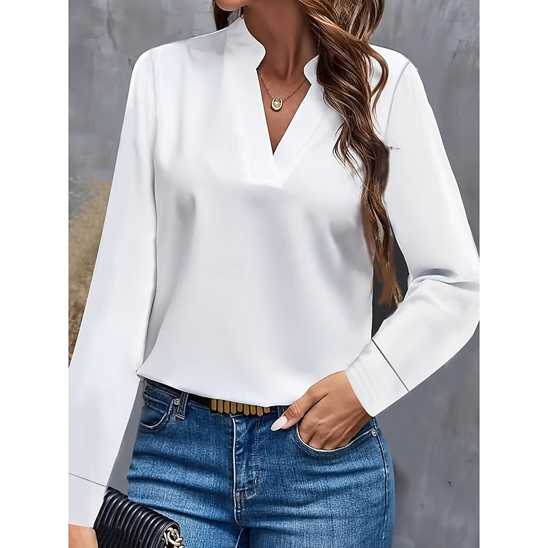 Women's Shirt Blouse Solid Color Daily Stylish Casual Long Sleeve V Neck Regular Tops Daily Black White Blue Fall Winter - Main Image
