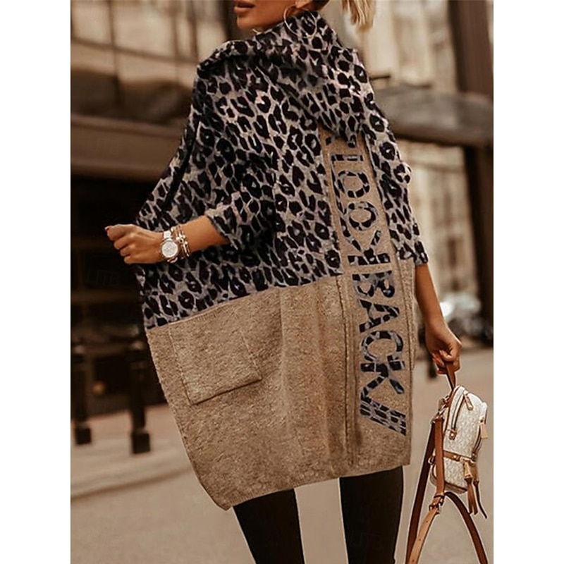 Women's Sweater Cardigan Casual Soft Leopard Ribbed V Neck Pocket Knitted Print Long Sleeve Long Tops Knit Outdoor Daily Weekend Brown Light Grey Fall Winter