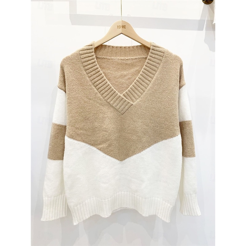 Women's Sweater Pullover Sweater Jumper Casual Soft Color Block Ribbed V Neck Knitted Long Sleeve Regular Tops Knit Outdoor Daily Weekend Black Pink Fall Winter3