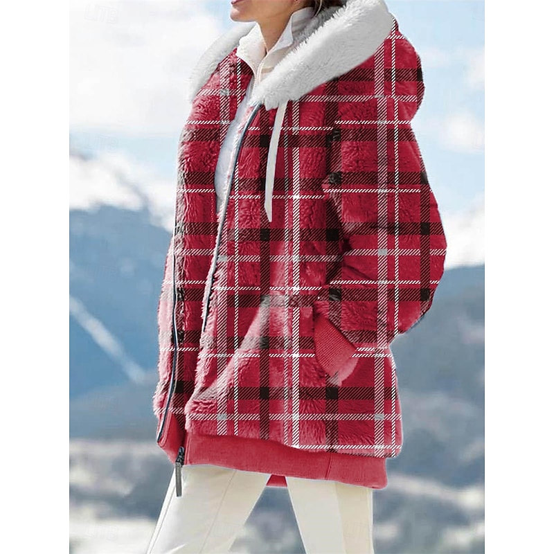Women's Fleece Jacket Teddy Coat Hoodie Jacket Warm Breathable Zipper Pocket Print Fur Collar Casual Plaid Vacation Street Daily Wear Going out Zipper Regular Hoodie Regular Fit Long Sleeve Outerwear2