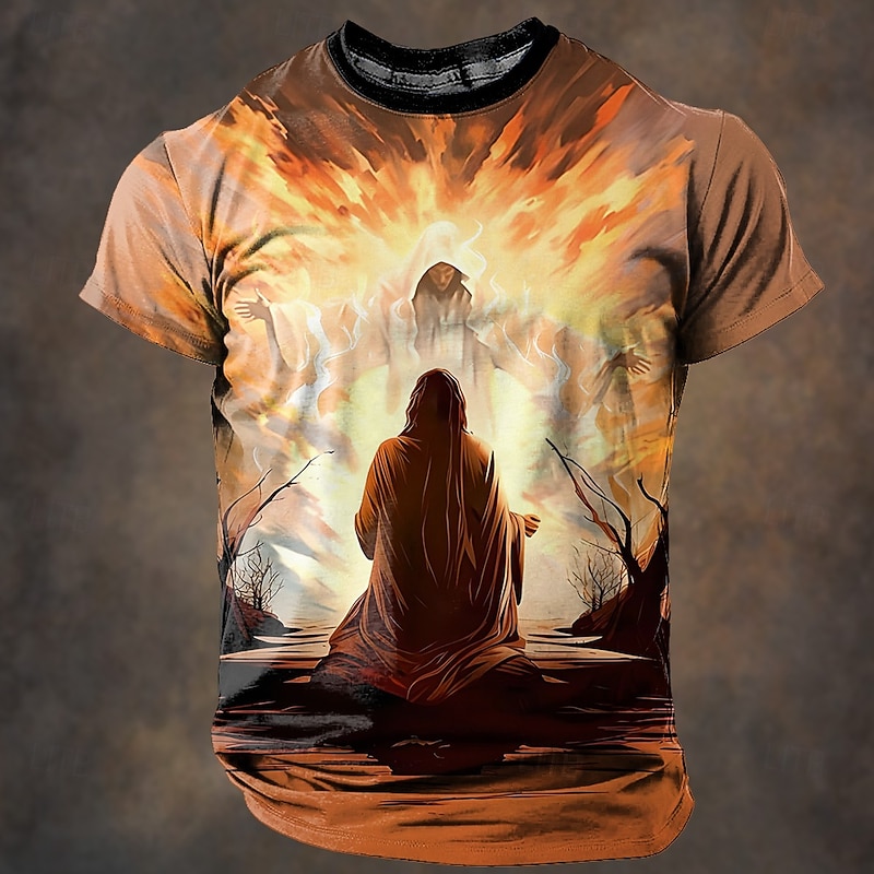 Christmas Men's Jesus T Shirt Short Sleeve T shirt 3D Print Crew Neck Shirt Retro Vintage Casual Street Style Christmas Sports Outdoor Holiday Orange Spring & Summer Clothing Apparel S M L XL XXL XXXL