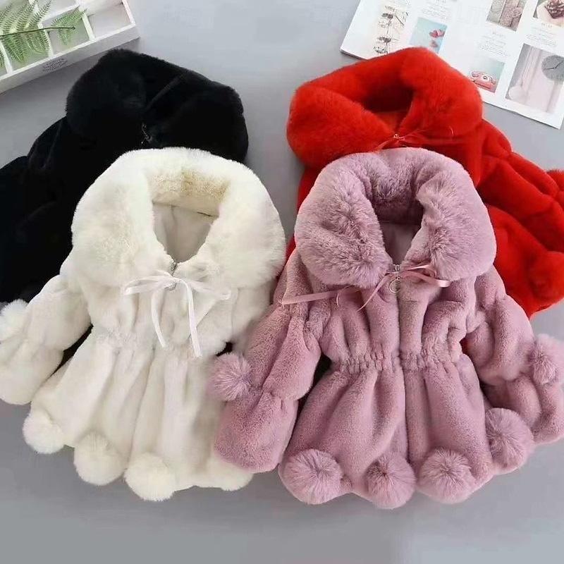 Kids Girls' Faux Fur Coat Solid Color Cute School Coat Outerwear 4 years+ Fall Black White Pink