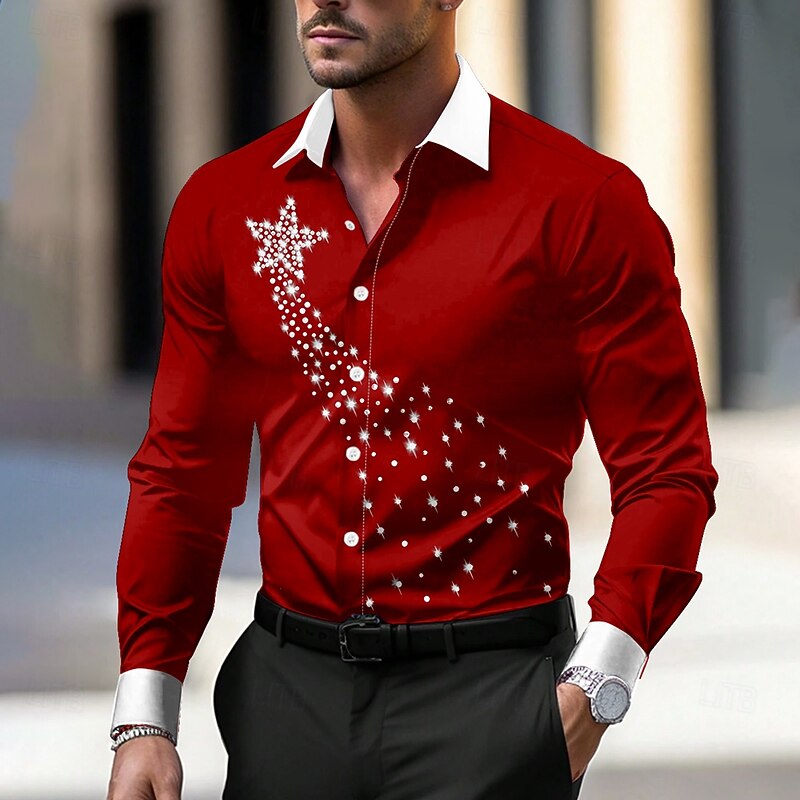 Christmas Men's Pentagram Dress Shirt Button Up Shirt Long Sleeve Casual Party Evening Wear Daily New Year Eve Fall Winter Spring & Summer Shirt Collar Button Up 3D Print Black Red Blue Purple