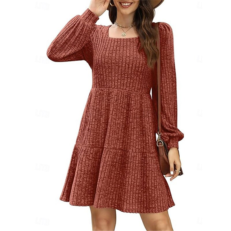 Women's Sweater Dress Casual Soft Pure Color Ribbed Square Neck Pocket Knitted Long Sleeve Long Tops Knit Outdoor Daily Weekend Brown Green Fall Winter3
