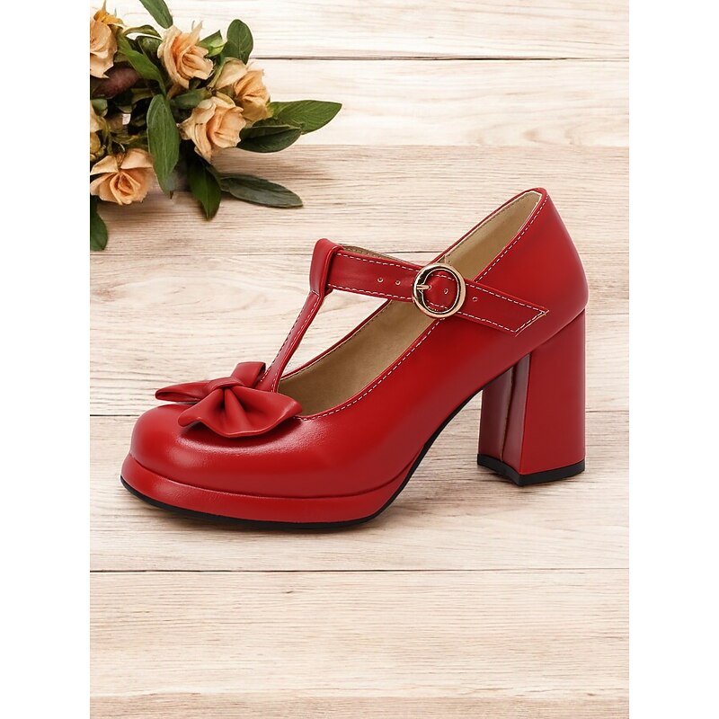 Women's Vintage Mary Jane High Heel Pumps with Bow Detail – Retro Block Heels for Party and Formal Occasions2