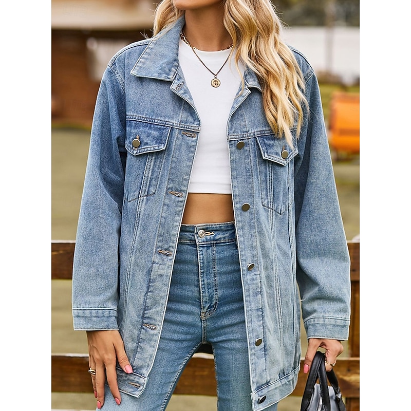 Women's Denim Jacket Outdoor Street Daily Wear Fall Winter Regular Coat Regular Fit Thermal Warm Breathable Stylish Casual Jacket Long Sleeve Solid Color with Pockets Light Blue Black Pink