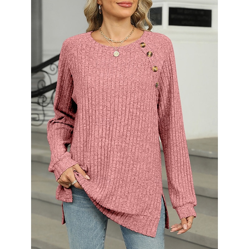 Women's T Shirt Plain Fashion Modern Casual Long Sleeve Crew Neck Regular Tops Daily Weekend Buttons Pink Blue Green Khaki Fall Winter 8