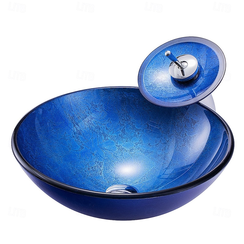 Blue Bathroom Sink Set with Matching Style Faucet Art Bathroom Tempered Glass Vessel Sink Round Wash Basin Bowl Above Counter Washbasin2