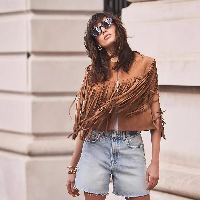 Retro Vintage Western 1970s Suede Vest Hippie Cowgirl Tassel Fringe Fancy Dress Women's Masquerade Pride Parade Pride Month Adults' Top Fall & Winter4