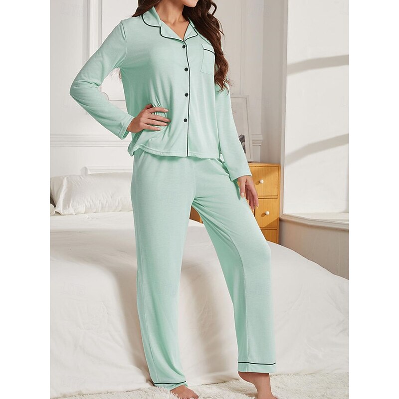 Women's Pajama Set Pure Color Casual Comfort Home Daily Comfort Warm Lapel Long Sleeve Shirt Pant Button Up Elastic Waist Fall Winter Home Outfits 7