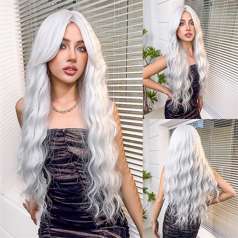 Synthetic Wig Wavy Bouncy Curl Middle Part Wig 26 inch White Synthetic Hair Women's Middle Part Cool Adorable White