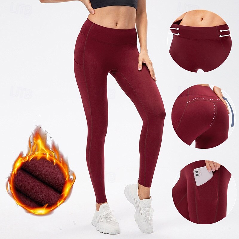 Women's Yoga Pants Fleece Lined Leggings Yoga Leggings Side Pockets Butt Lift Tummy Control High Waist Pilates Gym Workout Workout Tights Solid Color Black Army Green Burgundy Fall Winter Sports