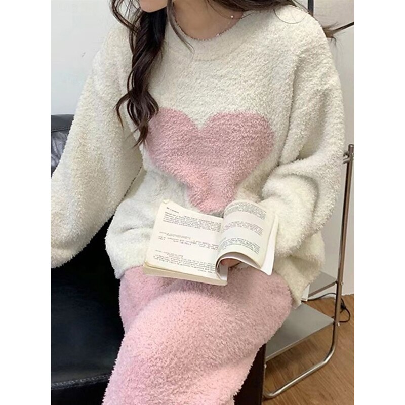 Women's Pajamas Loungewear 2 Pieces Heart Warm Comfort Home Daily Fleece Warm Breathable Crew Neck Long Sleeve Pullover Pant Fall Winter Home Outfits2