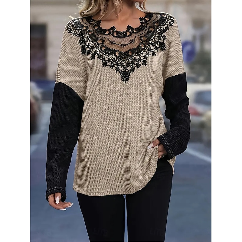 Women's Elegant Lace Tops Eyelet Blouse Fashion Modern Casual Plain Regular Tops Long Sleeve Crew Neck Regular Fit Daily Weekend Romantic Petite Tops Summer Holiday Wear Khaki Fall Winter 7