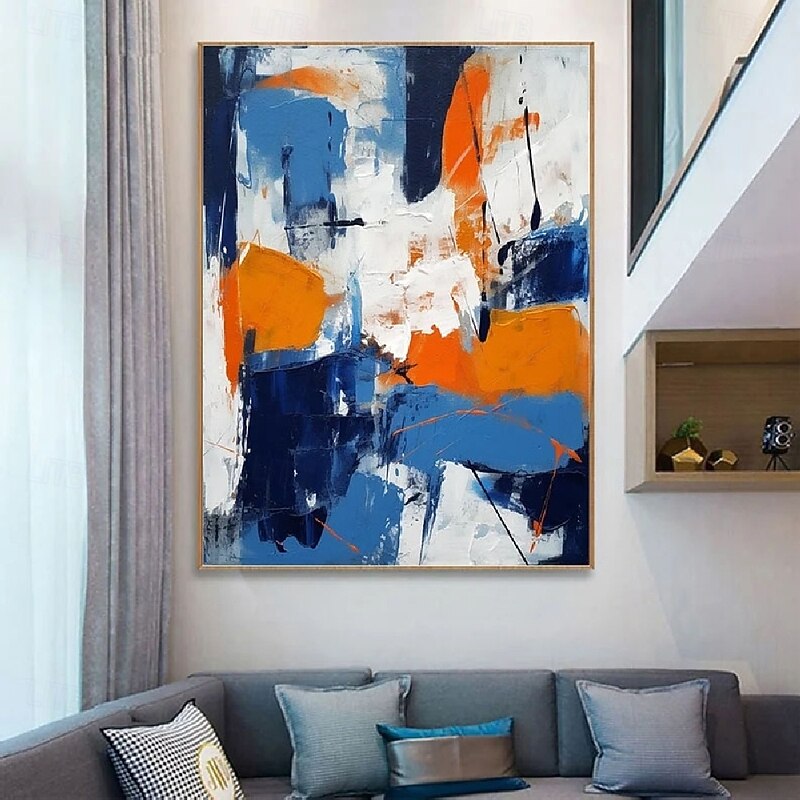 large handmade Abstract Blue and Orange Paintings On Canvas handpainted Rich Textured Acrylic Painting Modern Wall Art Hand Painted Artwork oil painting for Living Room bedroom artwork Wall Decor