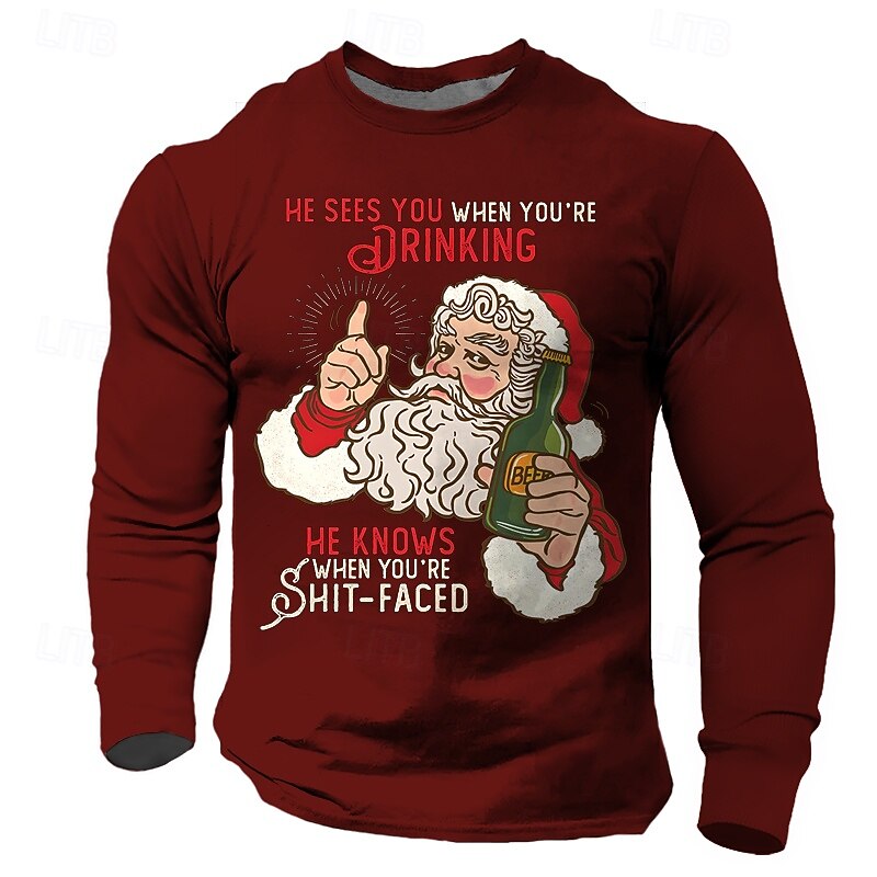 Christmas Men's Santa Claus T Shirt Long Sleeve T shirt 3D Print Crew Neck Shirt Daily Designer Festival Party Street Casual Black Burgundy Blue Summer Spring Fall Clothing Apparel S M L XL XXL XXXL2
