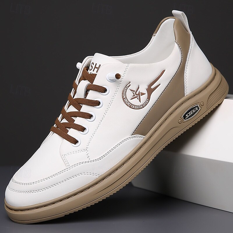 Men's White and Beige Lace-Up Casual Sneakers with Comfortable Rubber Sole for Everyday Wear