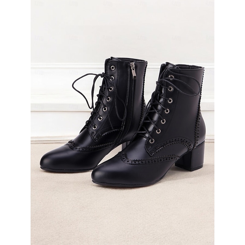 Women's Black Lace-Up Ankle Boots with Brogue Detailing and Block Heel – Vintage-Inspired Combat Boots for Everyday and Formal Outfits