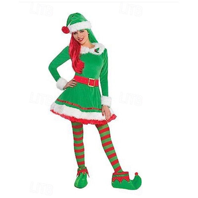 Elf Outfits Christmas Dress Elf Costume Cosplay Costumes Women's Christmas Special Adults Christmas Carnival Masquerade Christmas Party Dress Belt Stockings Shoes Hat2
