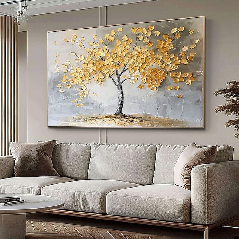 Large 100% hand painted Golden Tree Oil Painting on Canvas gold Flower Tree Oil Painting Large Abstract Textured Gold Yellow Life Tree Wall Art Custom Modern Trendy Living Room Decor2