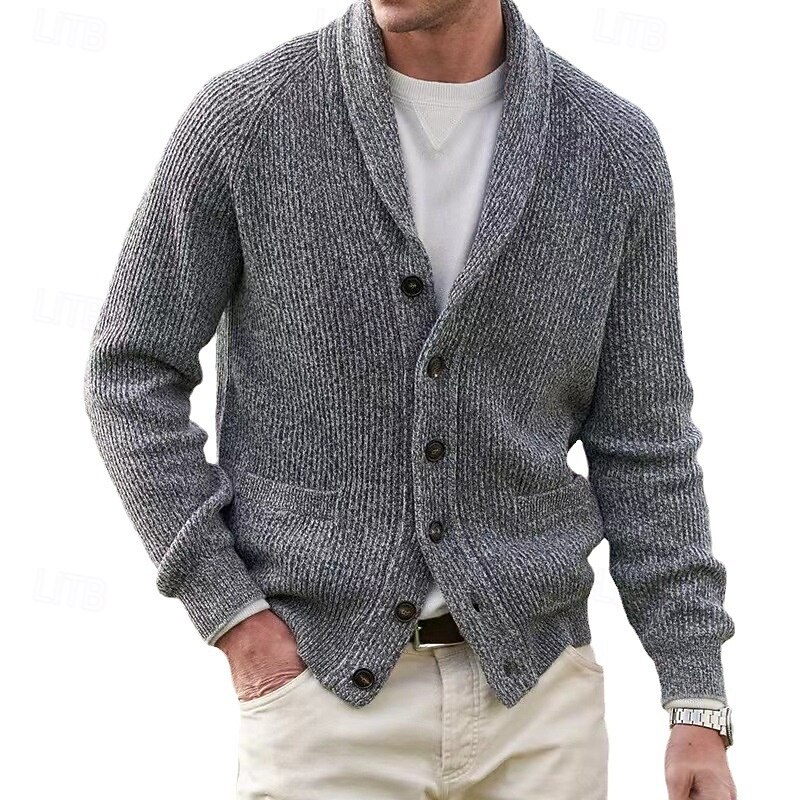 Men's Cardigan Sweater Cropped  Sweater Knit Sweater Ribbed Knit Regular Button Up Pocket Plain Shawl Collar Fashion Classic Daily Wear Date Clothing Apparel Fall & Winter Black Dark Blue M L XL