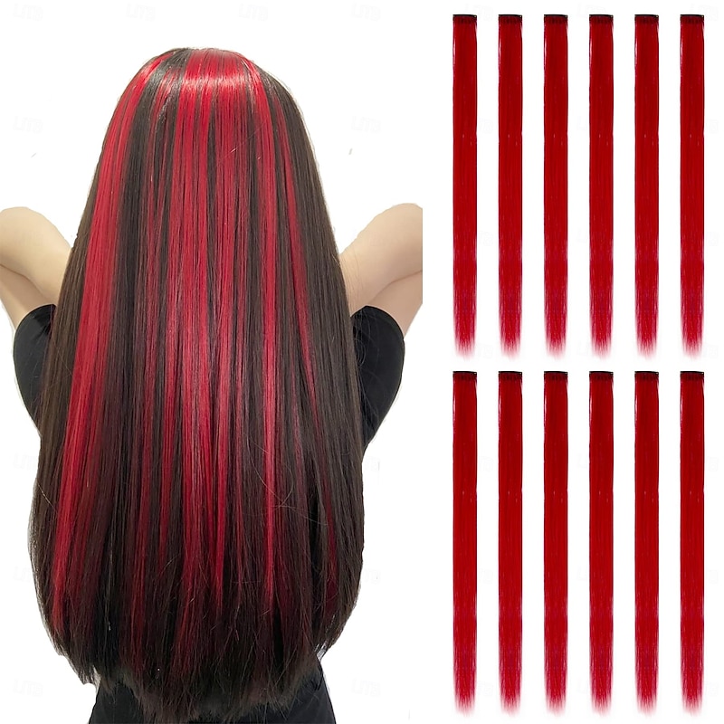 12PCS Colored  Hair Extensions Straight Multicolor Clip in Colorful 20 Inch Rainbow Hair Extensions for Kids Women's Gifts Halloween Christmas Party Highlights (12pcs Red)3