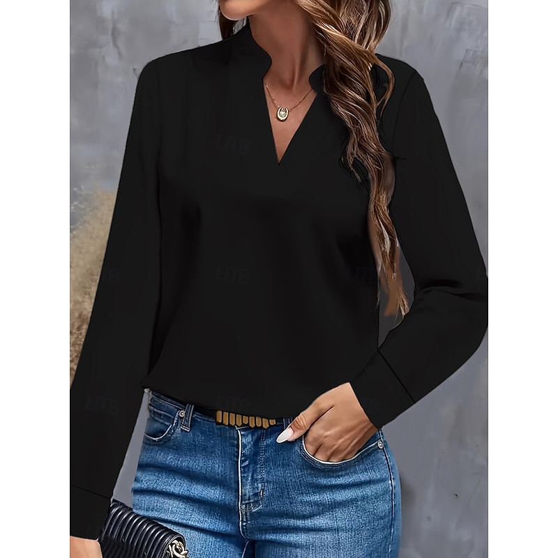 Women's Shirt Blouse Solid Color Daily Stylish Casual Long Sleeve V Neck Regular Tops Daily Black White Blue Fall Winter3