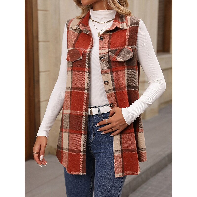 Women's Vest Outdoor Street Daily Wear Fall Winter Regular Coat Regular Fit Thermal Warm Breathable Stylish Casual Jacket Sleeveless Stripes and Plaid with Pockets Print Orange Green Khaki2