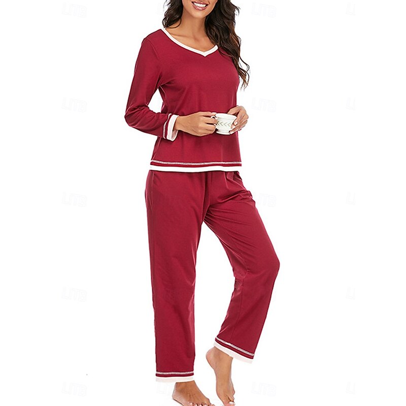 Women's Pajama Set Pure Color Casual Comfort Home Daily Cotton Comfort Warm Crew Neck Long Sleeve T shirt Pant Elastic Waist Fall Winter Home Outfits4