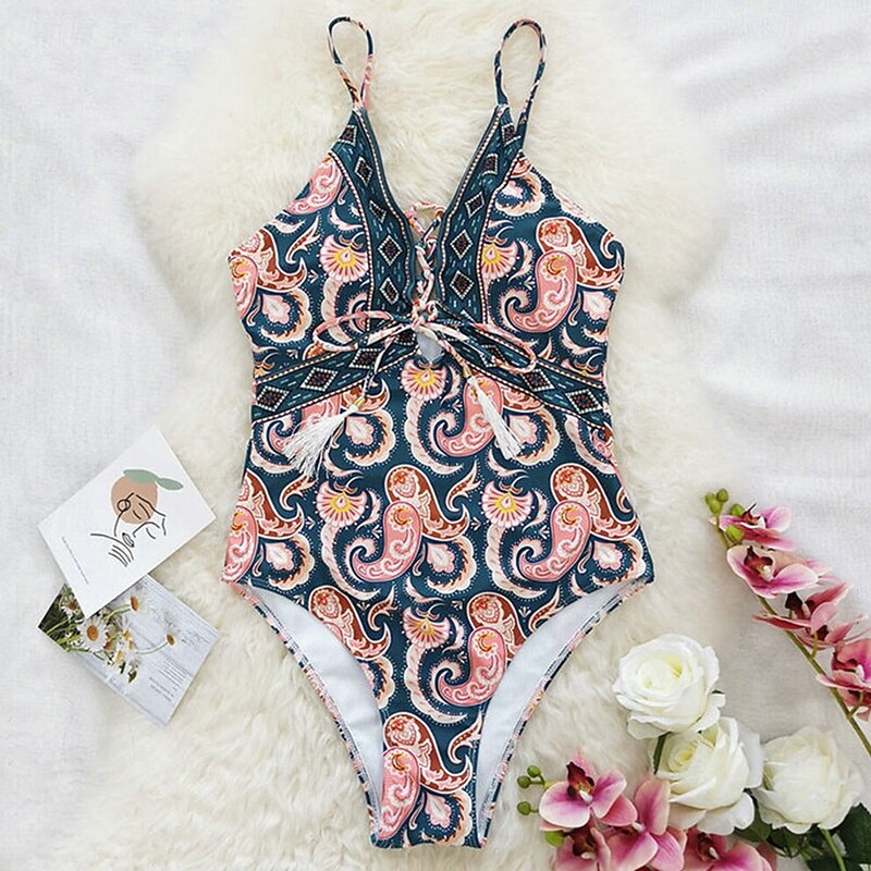 Women's Swimwear One Piece Swimsuit Vacation Fashion Paisley Strapless Bathing Suits2