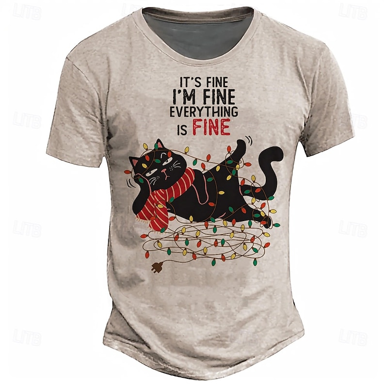 Christmas Men's Funny Christmas 3D T-shirts Cat Designer Casual Street Style 3D Print Tee Sports Outdoor Holiday Light Blue Beige Grey Short Sleeve Crew Neck Spring & Summer Clothing Apparel S M