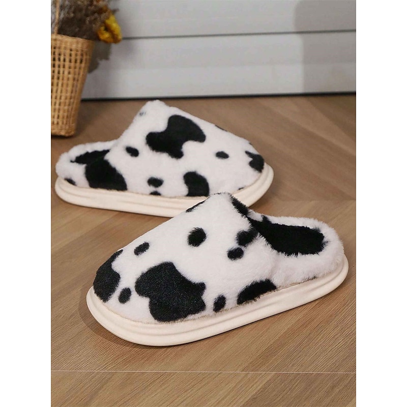 Cow Print Plush Slippers for Women - Fuzzy Faux Fur Indoor House Shoes with Soft Memory Foam for Cozy Comfort2