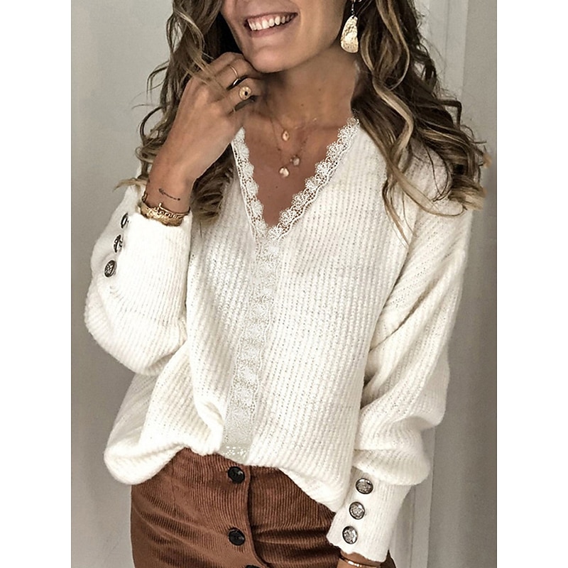 Women's Shirt Blouse Solid Color Basic Casual Long Sleeve V Neck Regular Tops Daily Lace Buttons White Pink Gray Fall Winter2