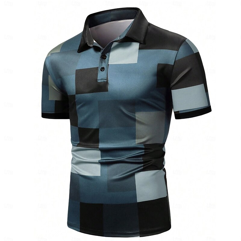 Men's Plaid Golf Shirt Short Sleeve Polo Shirts Collared Shirts Casual Vacation Wear Formal Wear Festival Wear Buttons 3D Print Summer Dark Brown Black Blue4