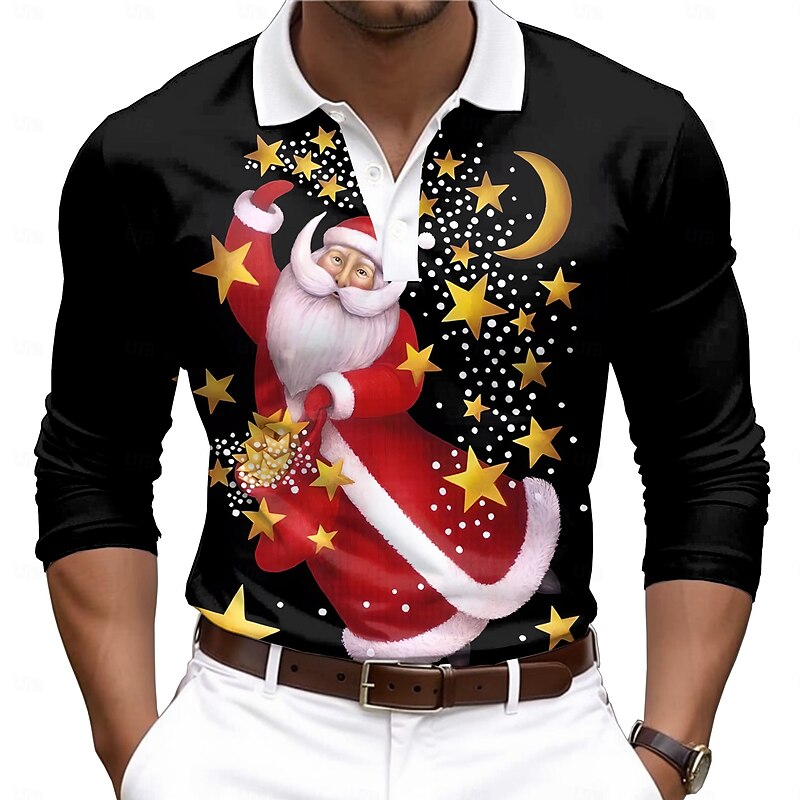 Christmas Men's Santa Claus Polo Shirts Golf Polos Shirts Long Sleeve Polo Shirts Collar Casual Vacation Event / Party Dailywear 3D Print Buttons Spring Fall & Winter Black2