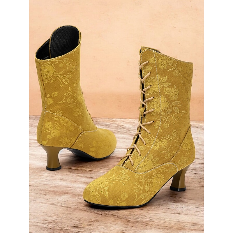 Women's Vintage Floral Lace-Up Ankle Boots with Mid Heel – Elegant Jacquard Boots for Retro Style and Special Occasions